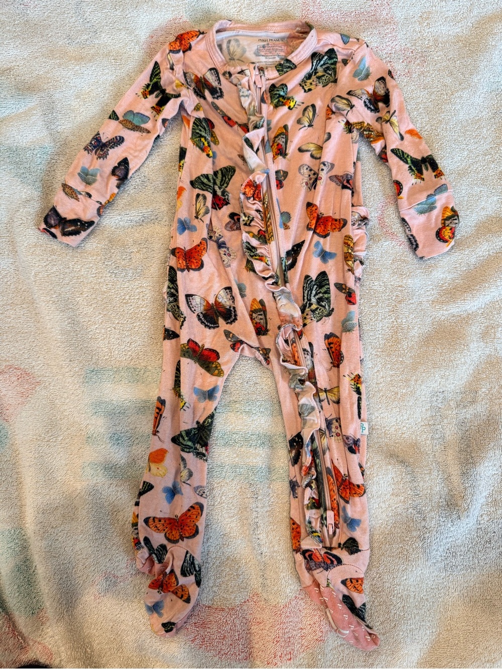 Posh Peanut Pink Butterfly Ruffle Footed One-Piece